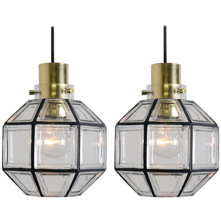 1 of the 3 Iron and Clear Glass Pedant Lights by Glashütte, 1960