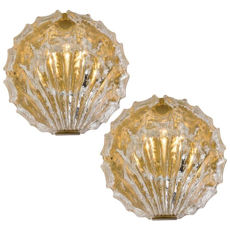 1 of the 2 Golden Ice Glass Shell Wall Sconces, 1960s
