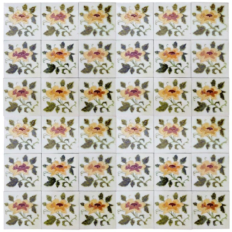 1 of the 30 Authentic Glazed Art Nouveau Relief Tiles Rose, Belga, circa 1930s