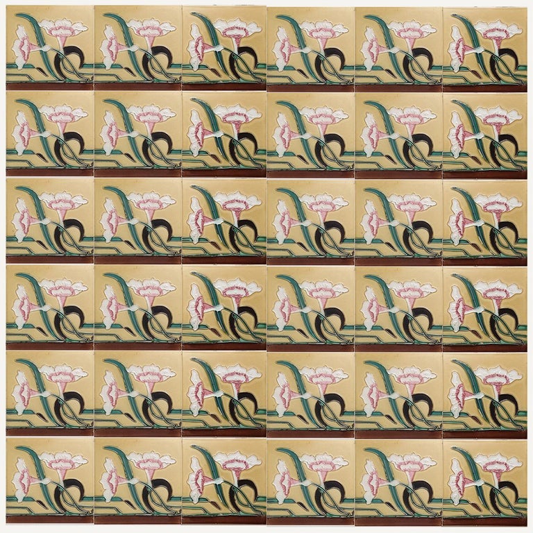 1 of the 38 Unique Antique Relief Tiles with Flower, France, circa 1900