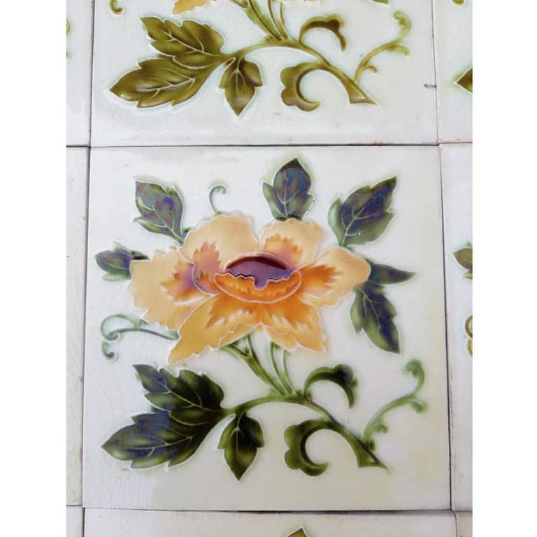 1 of the 30 Authentic Glazed Art Nouveau Relief Tiles Rose, Belga, circa 1930s