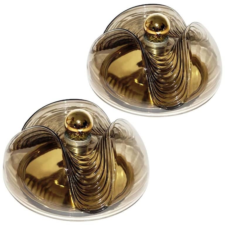 Pair Of Large Koch and Lowy Smoked Glass Wall Sconces/Flush by Peill Putzler