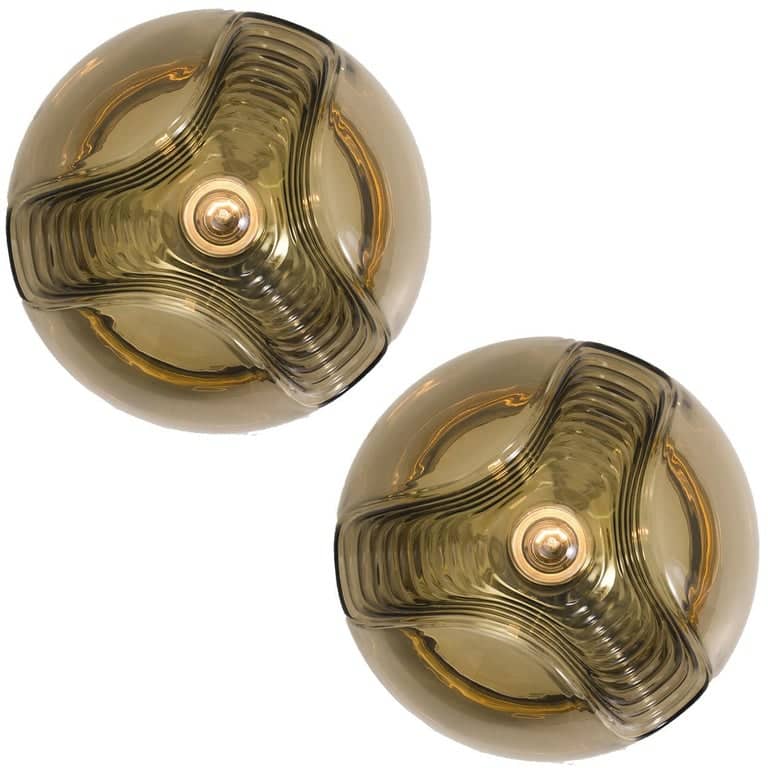 Pair Of Large Koch and Lowy Smoked Glass Wall Sconces/Flush by Peill Putzler