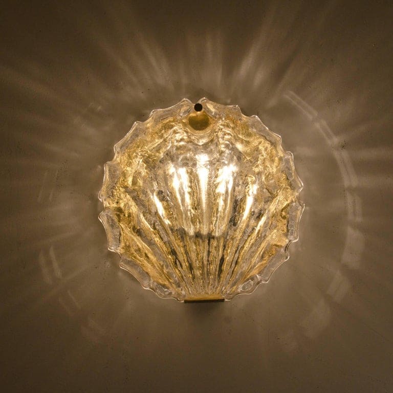 1 of the 2 Golden Ice Glass Shell Wall Sconces, 1960s
