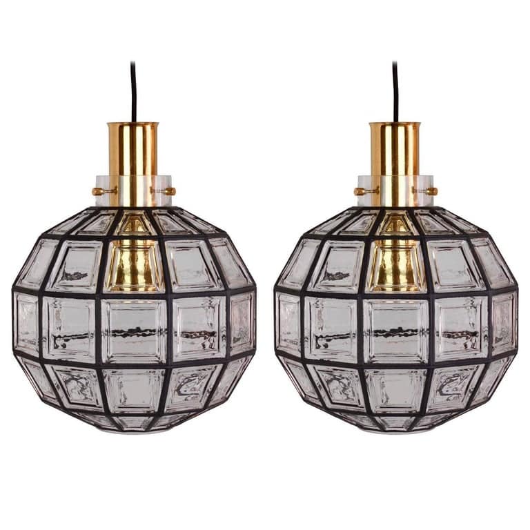 1 of the 3 Iron and Clear Glass Pedant Lights by Glashütte, 1960