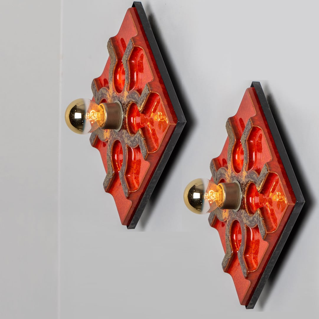 Fat Lava Brown and Red Ceramic Geometric Wall Light, West-Germany