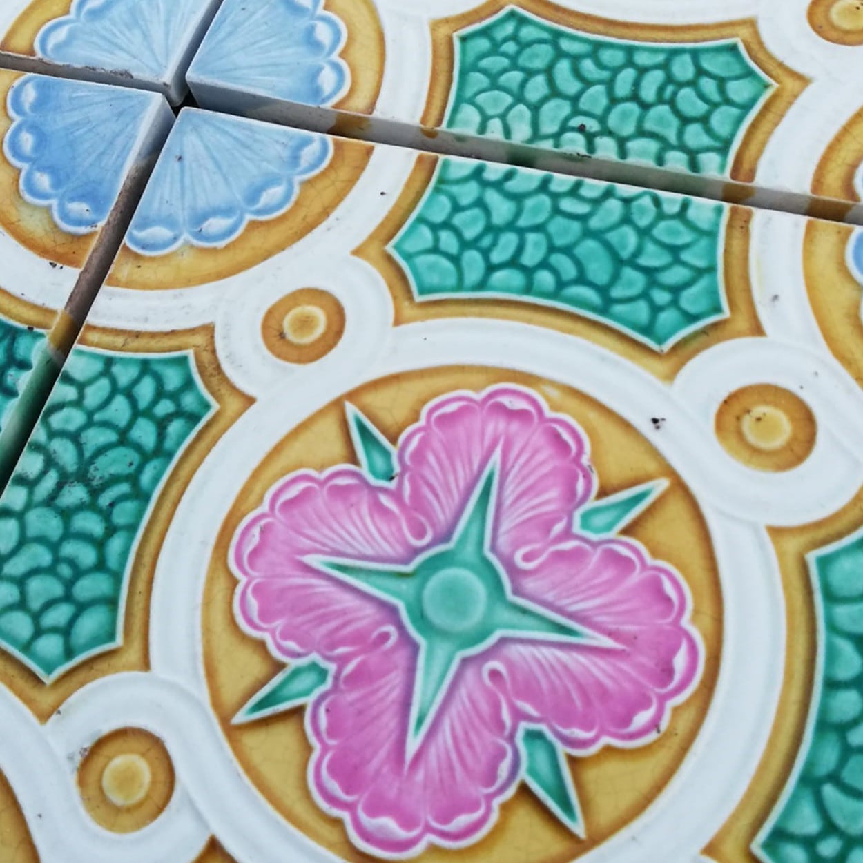 Colorful Antique Ceramic Tiles by Faiencerie de Bouffioulx, Belgium 1920s