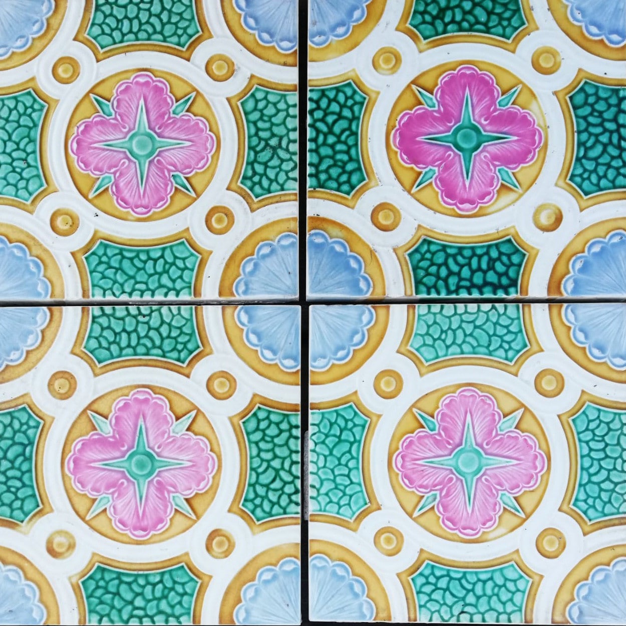 Colorful Antique Ceramic Tiles by Faiencerie de Bouffioulx, Belgium 1920s