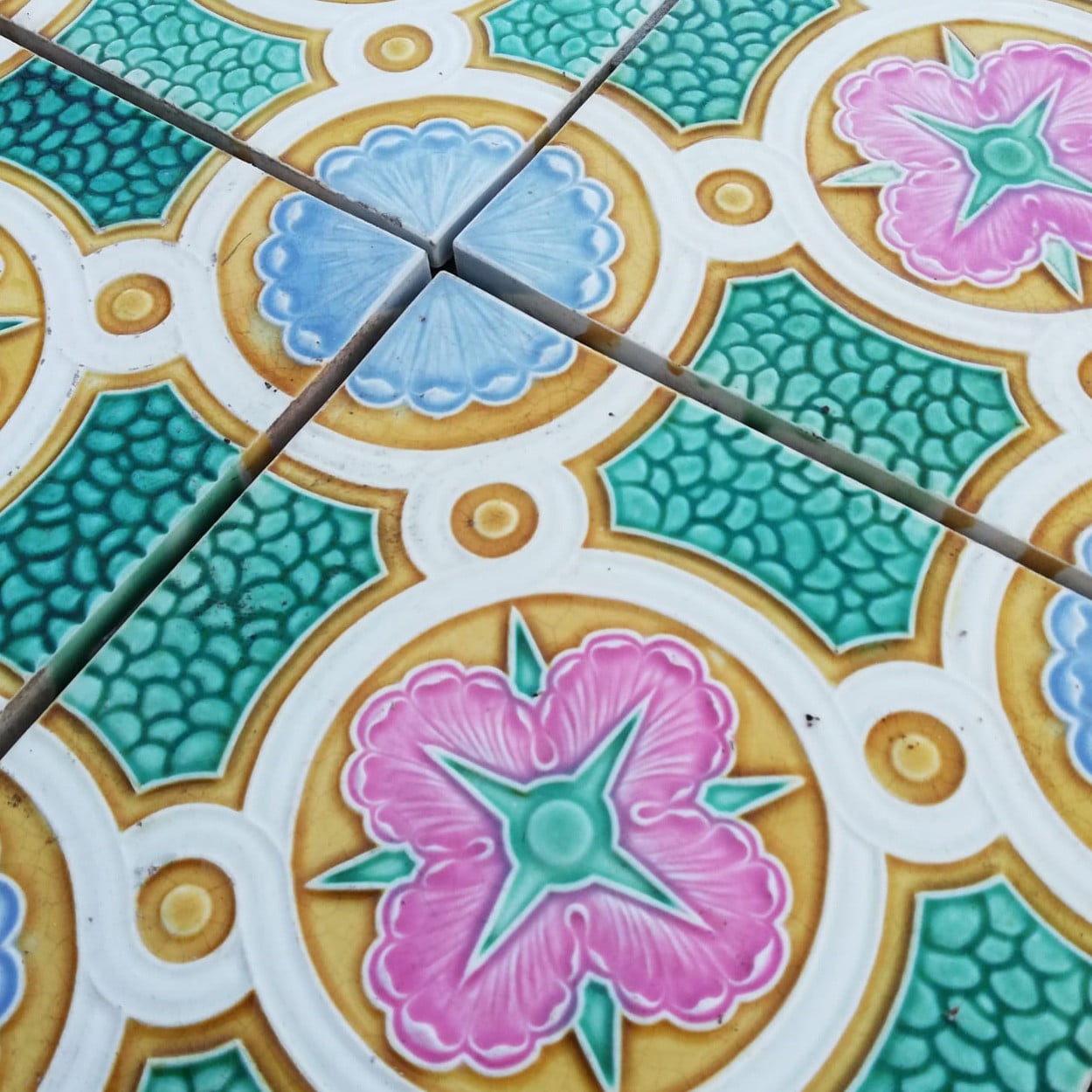 Colorful Antique Ceramic Tiles by Faiencerie de Bouffioulx, Belgium 1920s