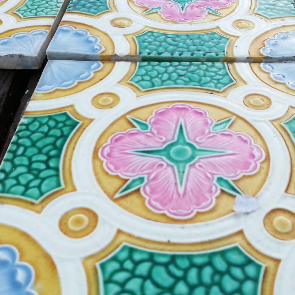 Colorful Antique Ceramic Tiles by Faiencerie de Bouffioulx, Belgium 1920s