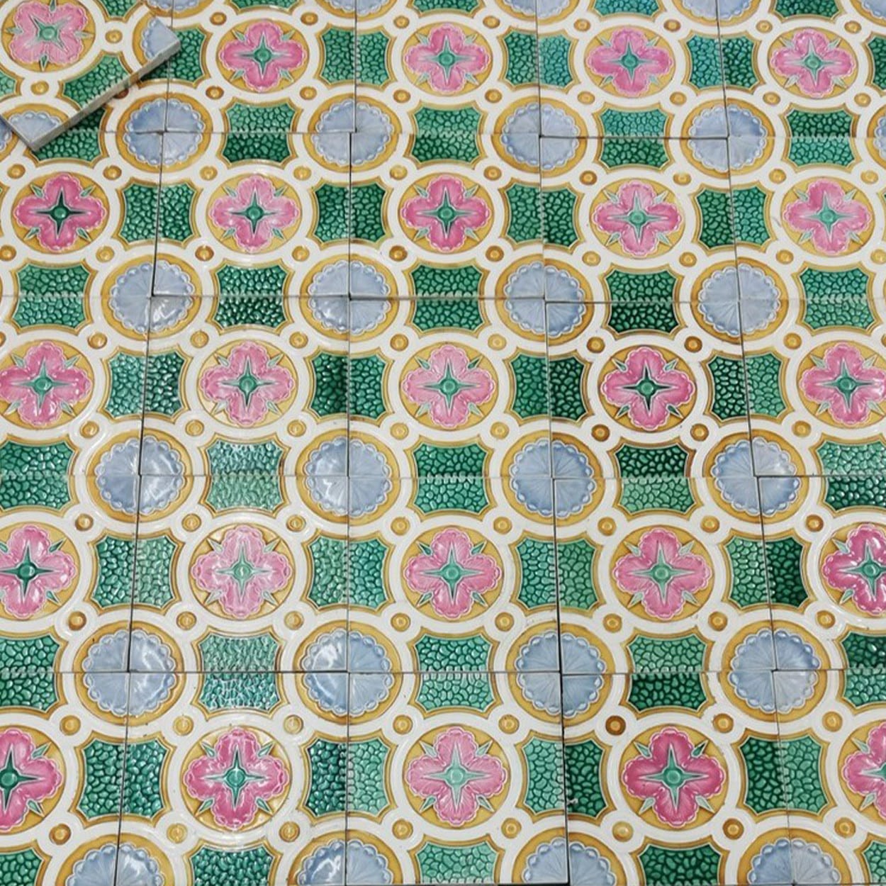 Colorful Antique Ceramic Tiles by Faiencerie de Bouffioulx, Belgium 1920s