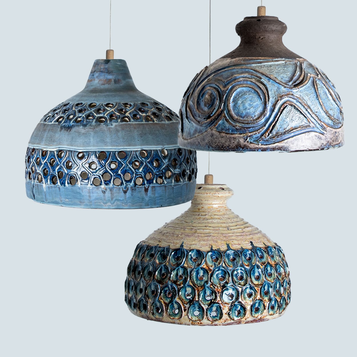 Several Blue Ceramic Pendant Lights, Denmark, 1970
