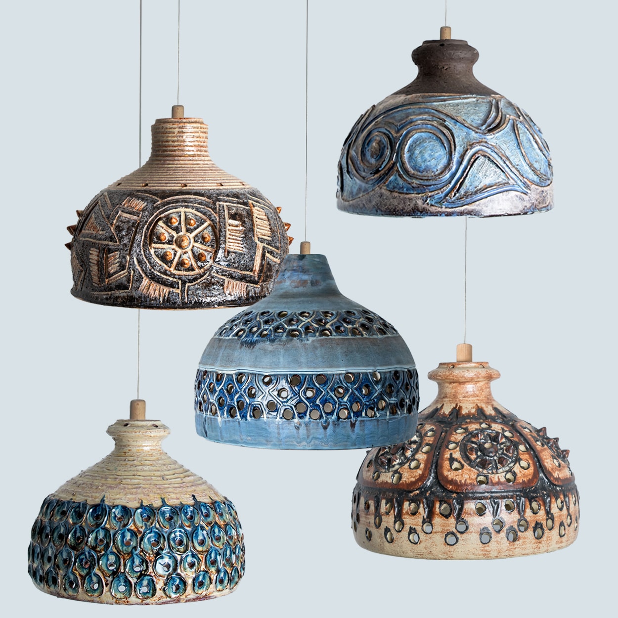 Several Blue Ceramic Pendant Lights, Denmark, 1970