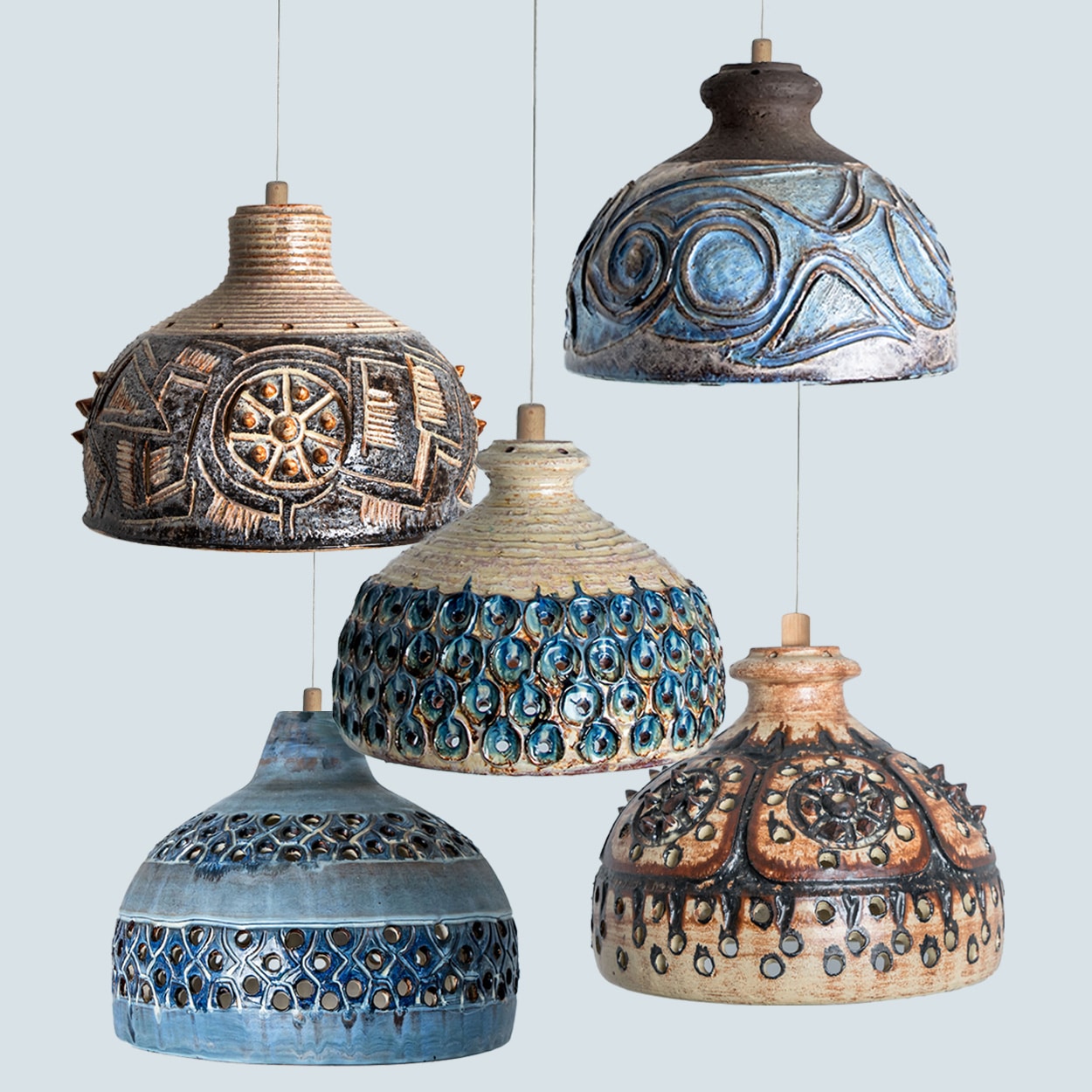 Several Blue Ceramic Pendant Lights, Denmark, 1970