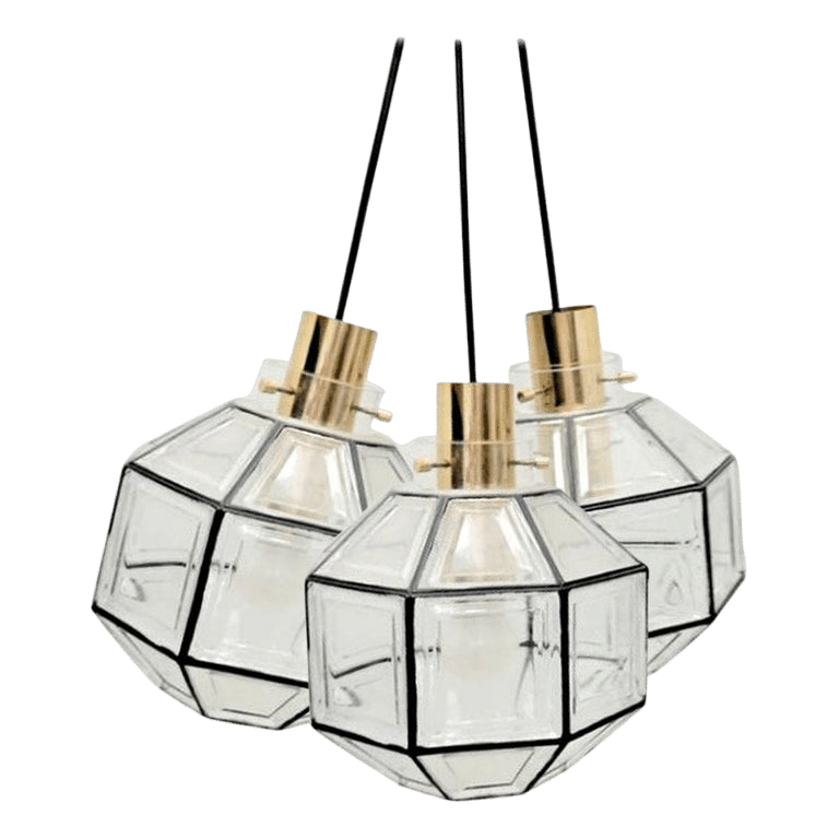 1 of the 3 Iron and Clear Glass Pedant Lights by Glashütte, 1960