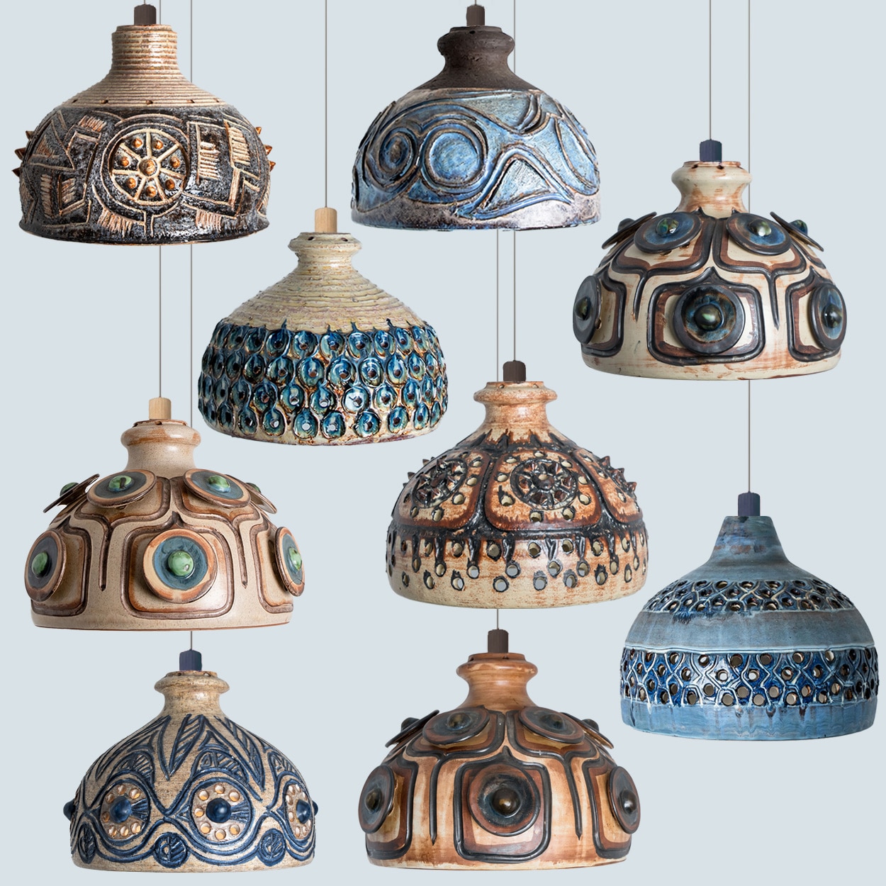 Several Blue Ceramic Pendant Lights, Denmark, 1970