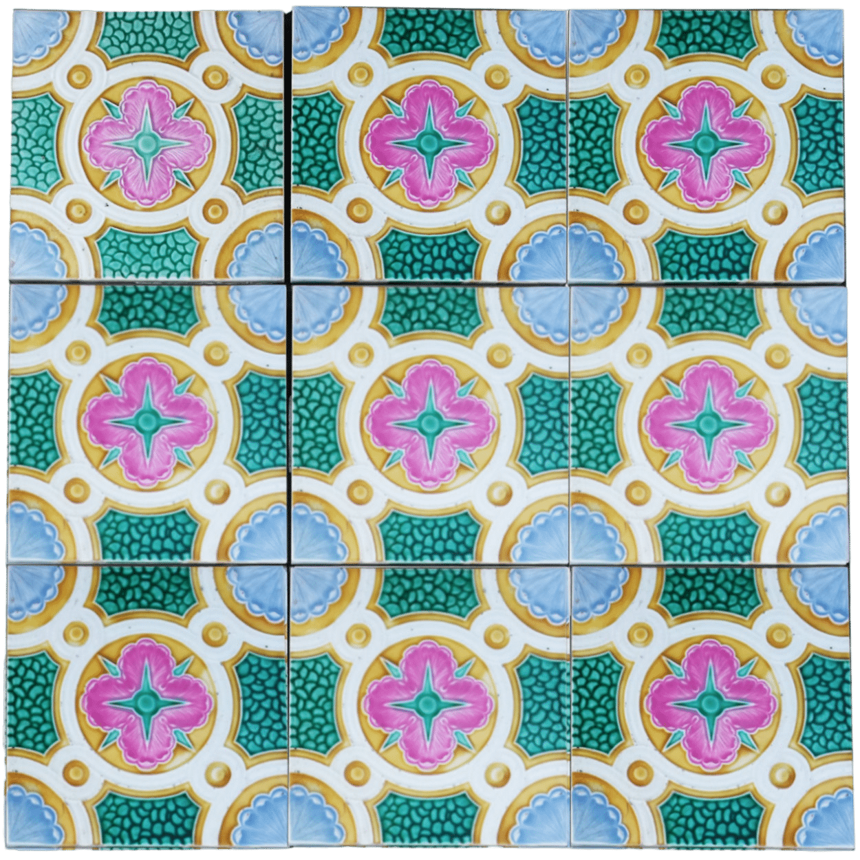 Colorful Antique Ceramic Tiles by Faiencerie de Bouffioulx, Belgium 1920s