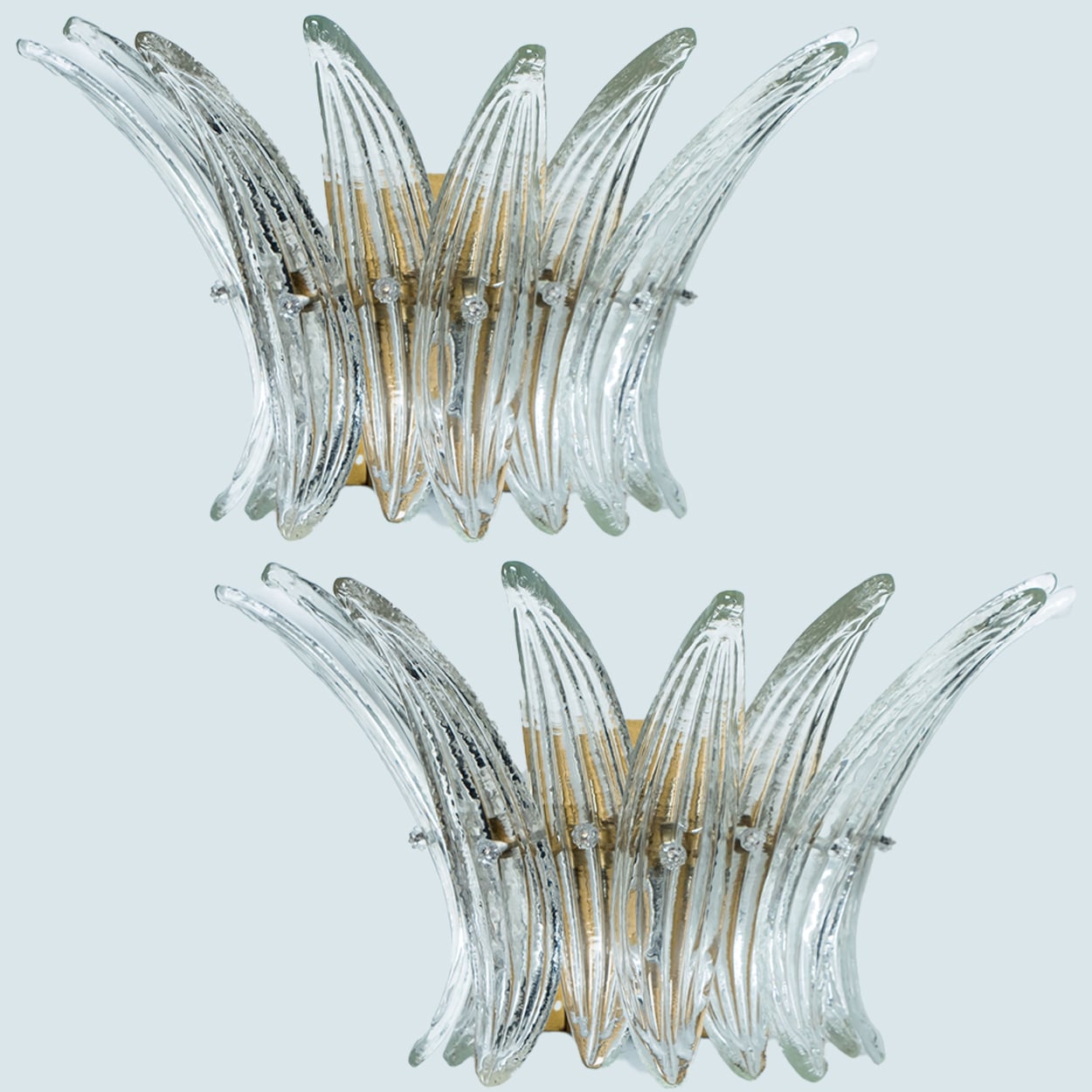 Pair of Small Palmette Gold Brass Structured Wall Lights, 1960s, Kalmar