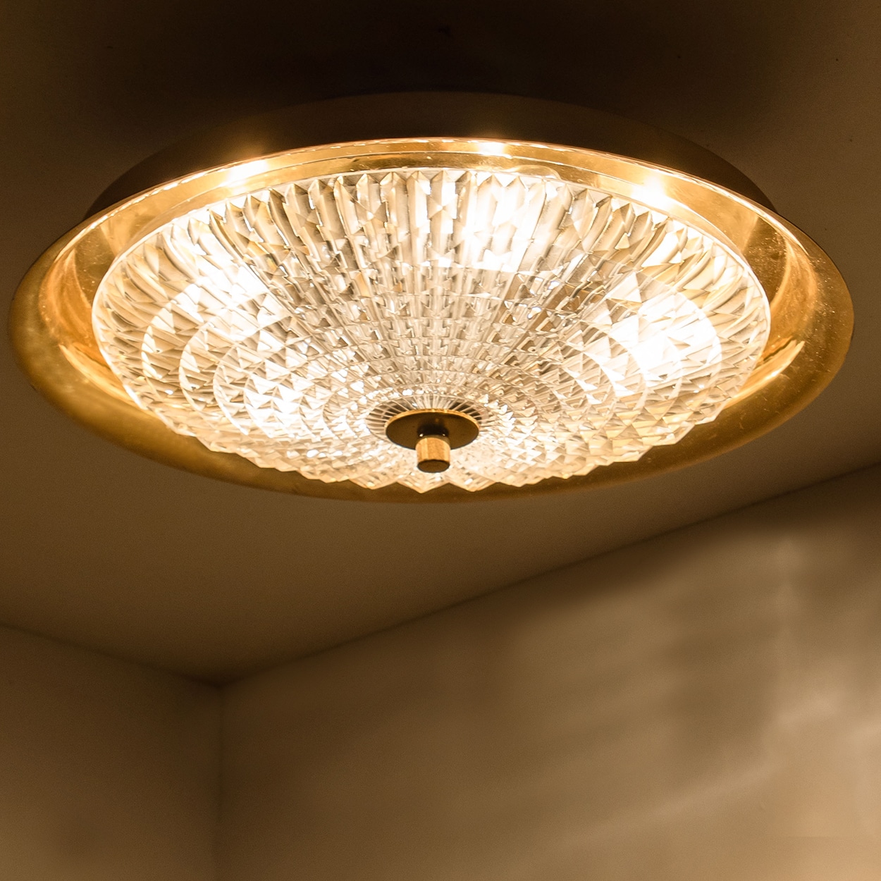 1 of the 2 Gold Brass Clear Glass Flush Mount or Wall light, Fagerlund, 1960s