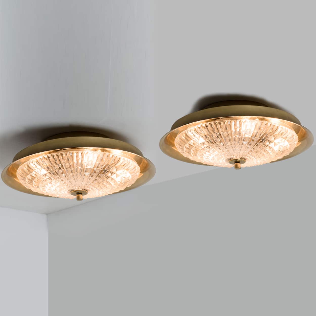 1 of the 2 Gold Brass Clear Glass Flush Mount or Wall light, Fagerlund, 1960s