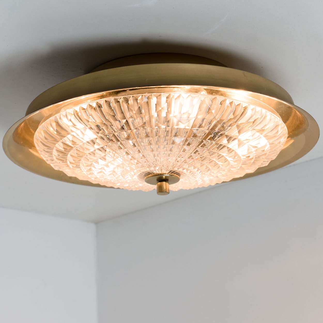 1 of the 2 Gold Brass Clear Glass Flush Mount or Wall light, Fagerlund, 1960s