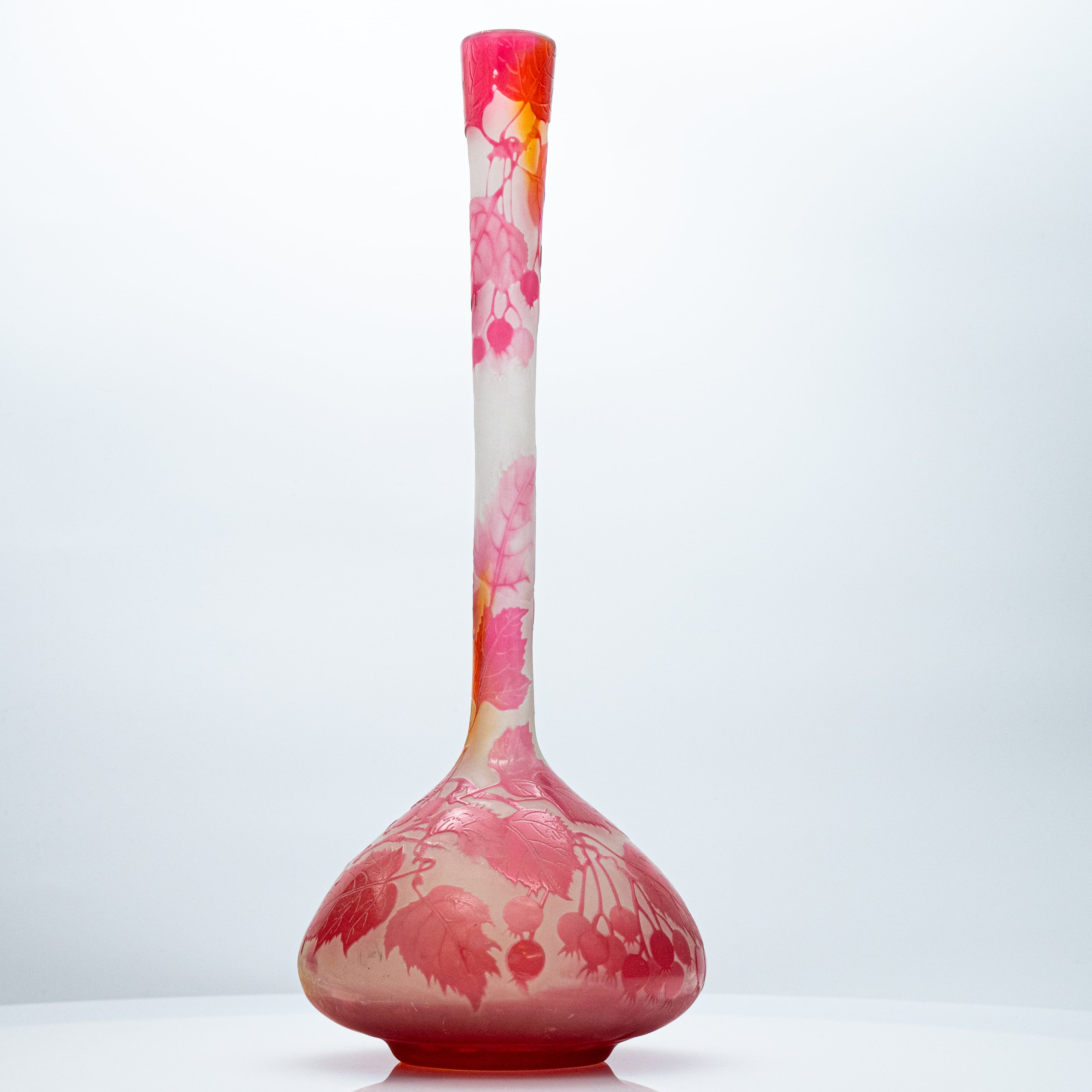 Gallé Signed, Large Acid Etched Overlay Banjo Form Vase, France, 1890