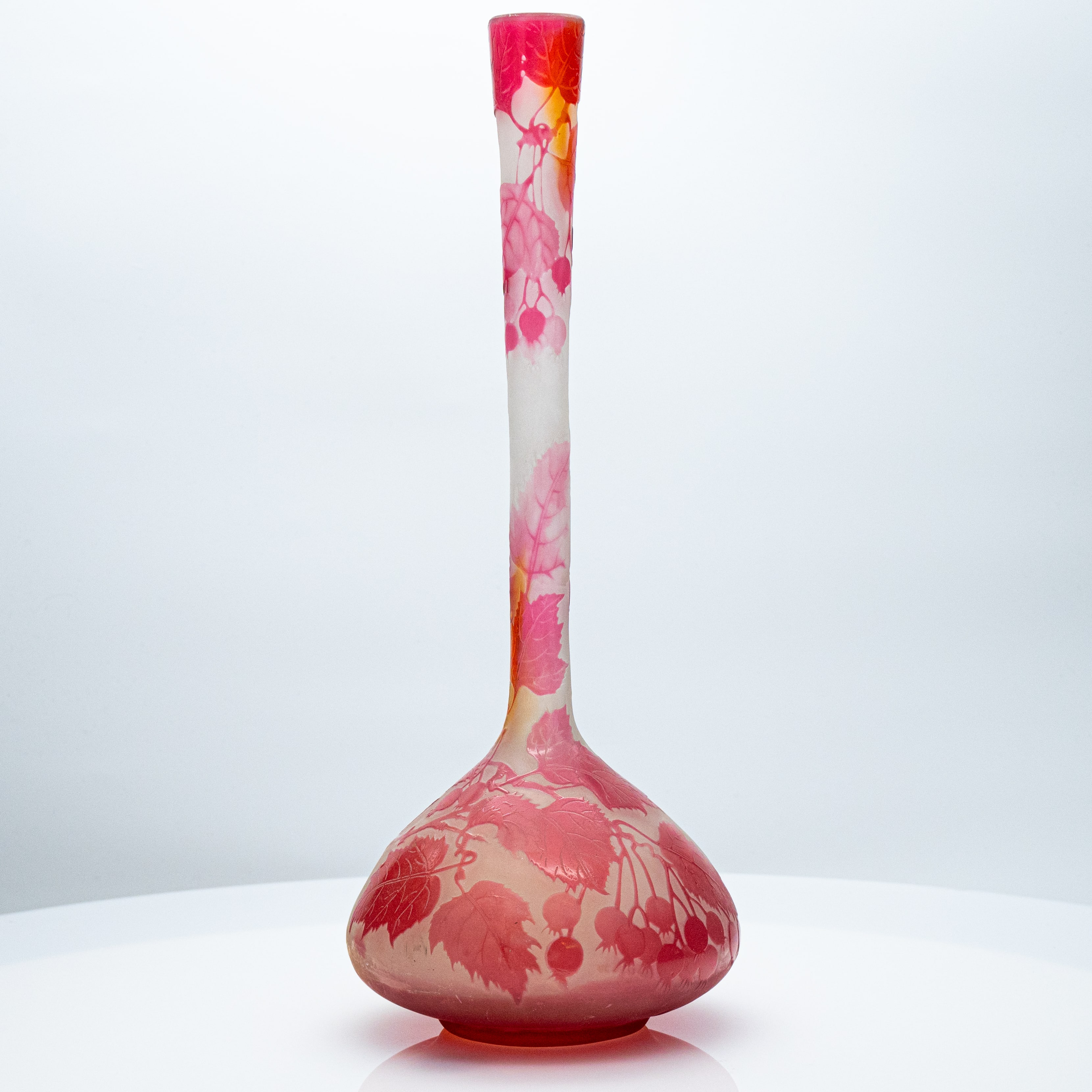 Gallé Signed, Large Acid Etched Overlay Banjo Form Vase, France, 1890