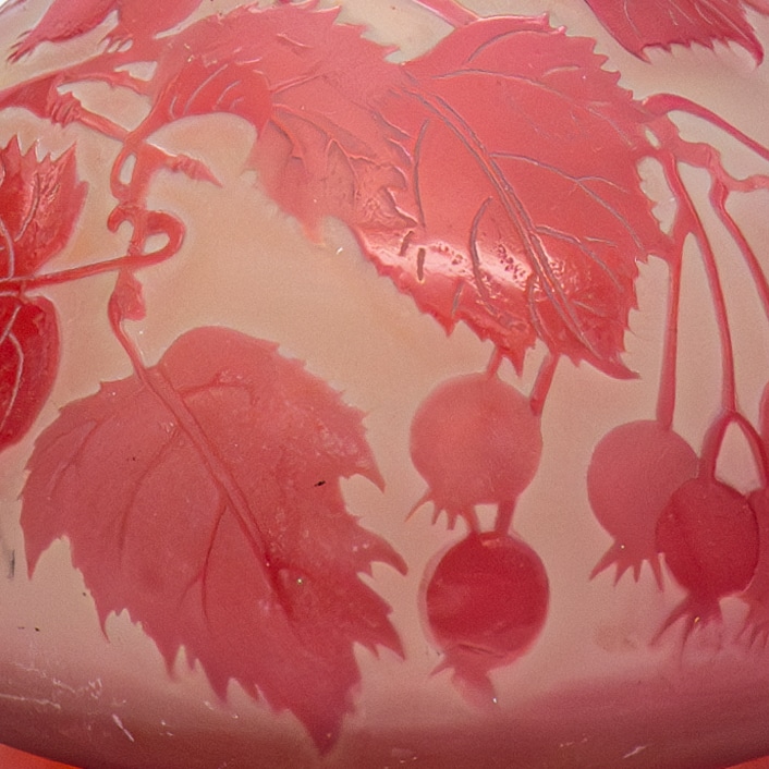 Gallé Signed, Large Acid Etched Overlay Banjo Form Vase, France, 1890