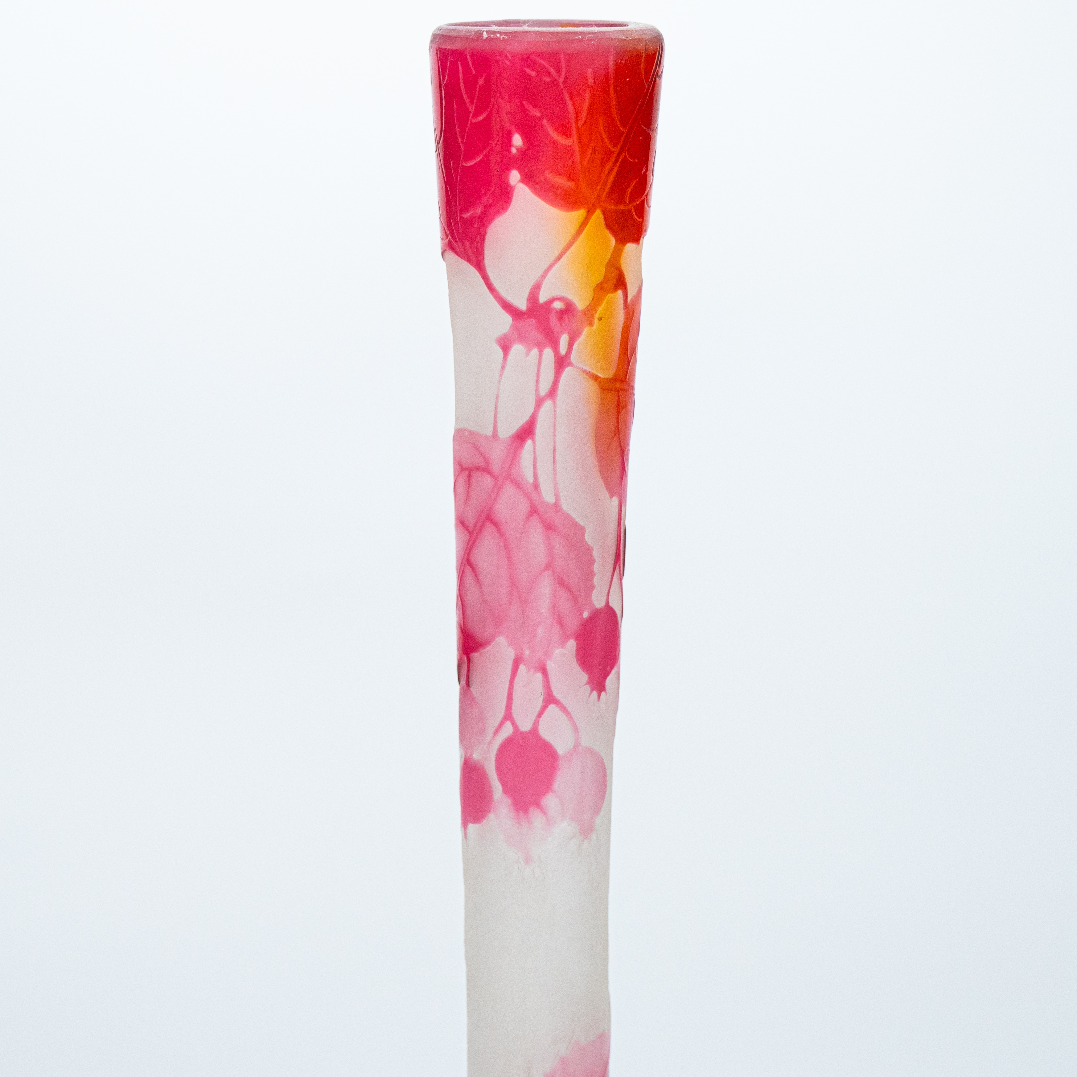 Gallé Signed, Large Acid Etched Overlay Banjo Form Vase, France, 1890