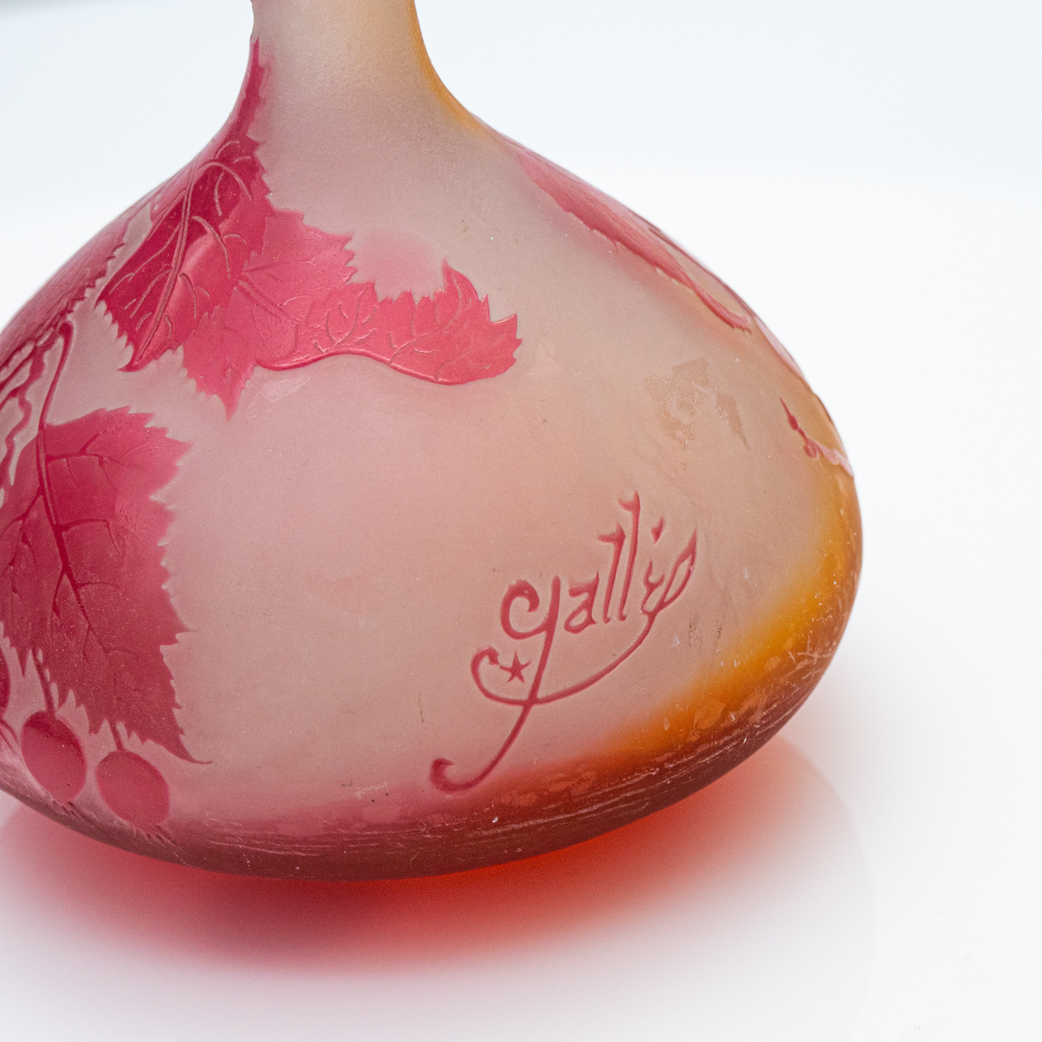 Gallé Signed, Large Acid Etched Overlay Banjo Form Vase, France, 1890