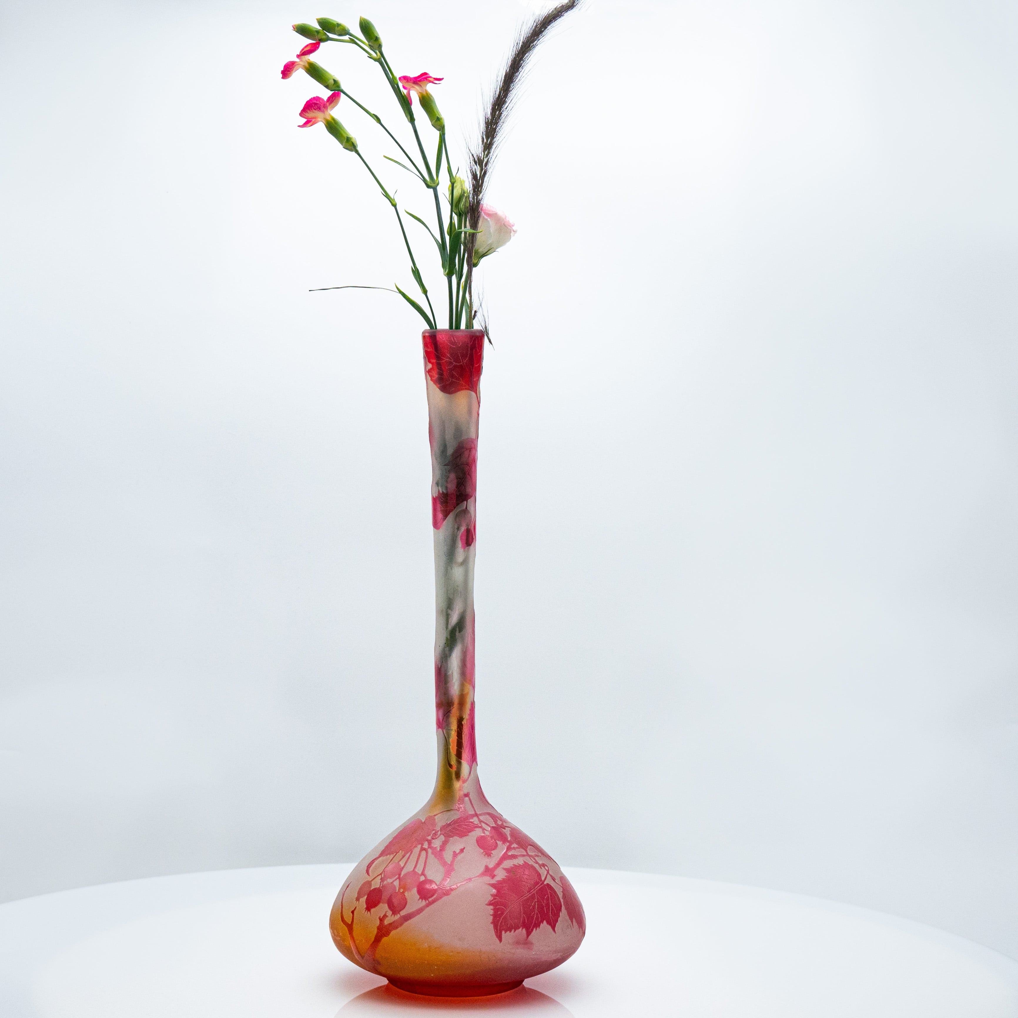 Gallé Signed, Large Acid Etched Overlay Banjo Form Vase, France, 1890