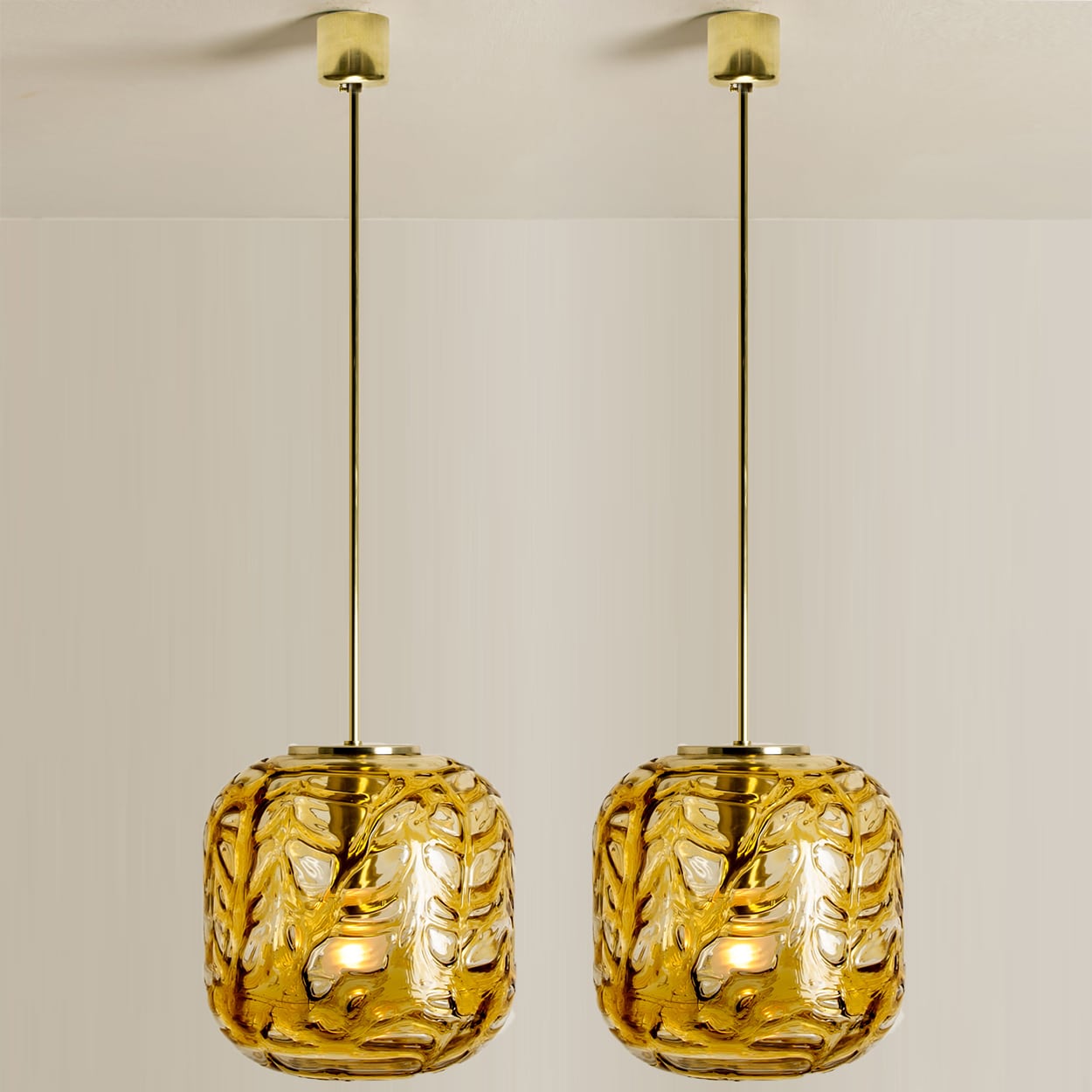 Pair of Amber Murano Glass Pendant Lamps, 1960s