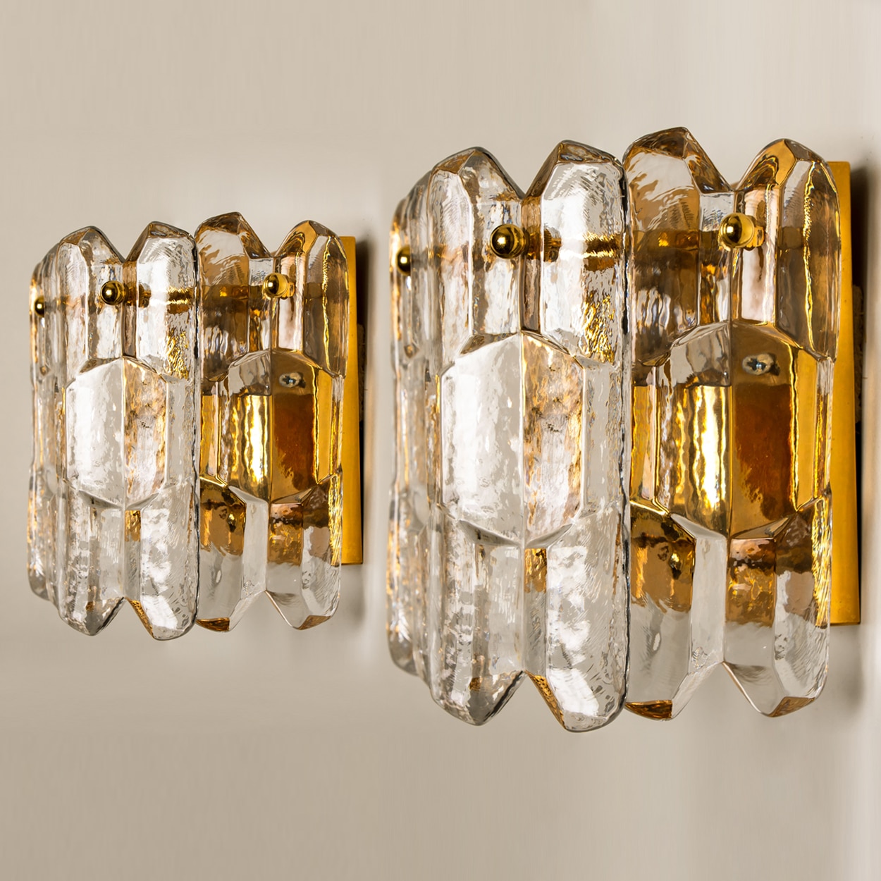 Pair of J.T. Kalmar 'Palazzo' Wall Light Fixtures Gilt Brass and Glass