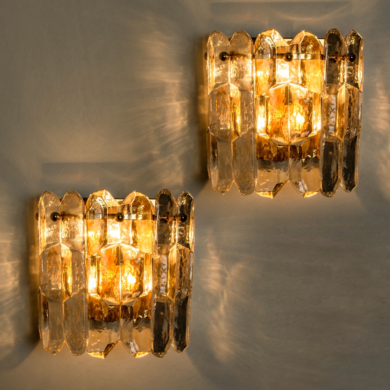 Pair of J.T. Kalmar 'Palazzo' Wall Light Fixtures Gilt Brass and Glass