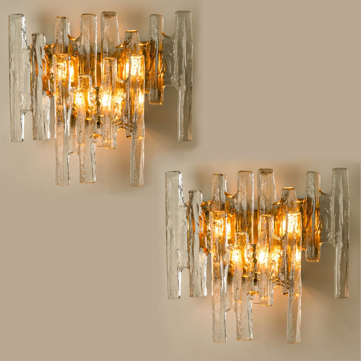 Pair of Large Textured Ice glass Wall Lights by Kalmar, 1960s