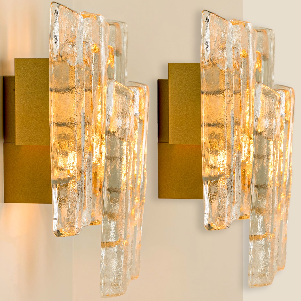 Pair of Large Textured Ice glass Wall Lights by Kalmar, 1960s
