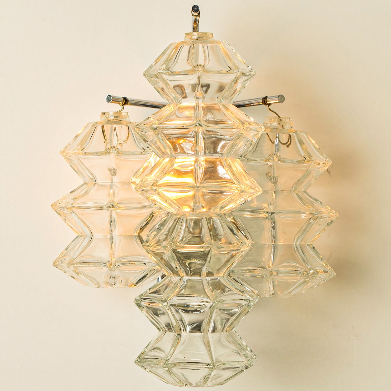 Several Pagoda Chrome and Glass Sconces Wall Lights by Kalmar, Vienna 1969