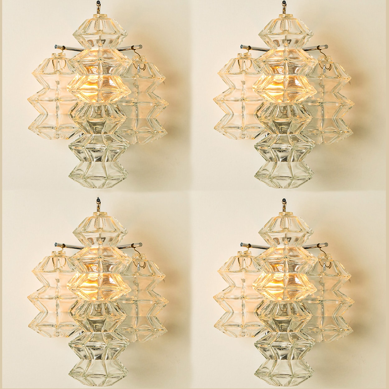 Several Pagoda Chrome and Glass Sconces Wall Lights by Kalmar, Vienna 1969