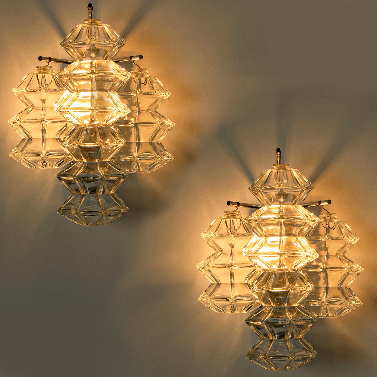 Several Pagoda Chrome and Glass Sconces Wall Lights by Kalmar, Vienna 1969