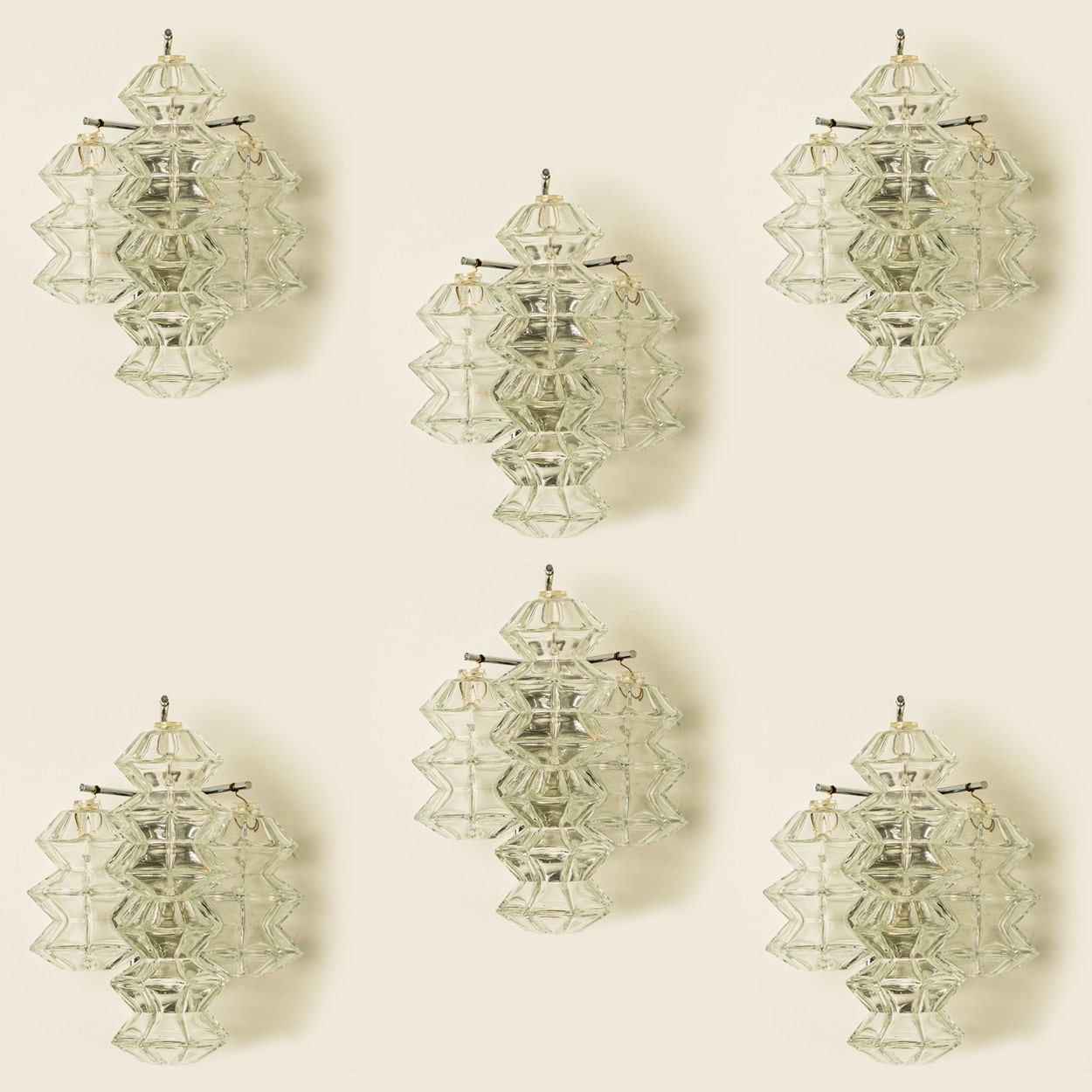 Several Pagoda Chrome and Glass Sconces Wall Lights by Kalmar, Vienna 1969