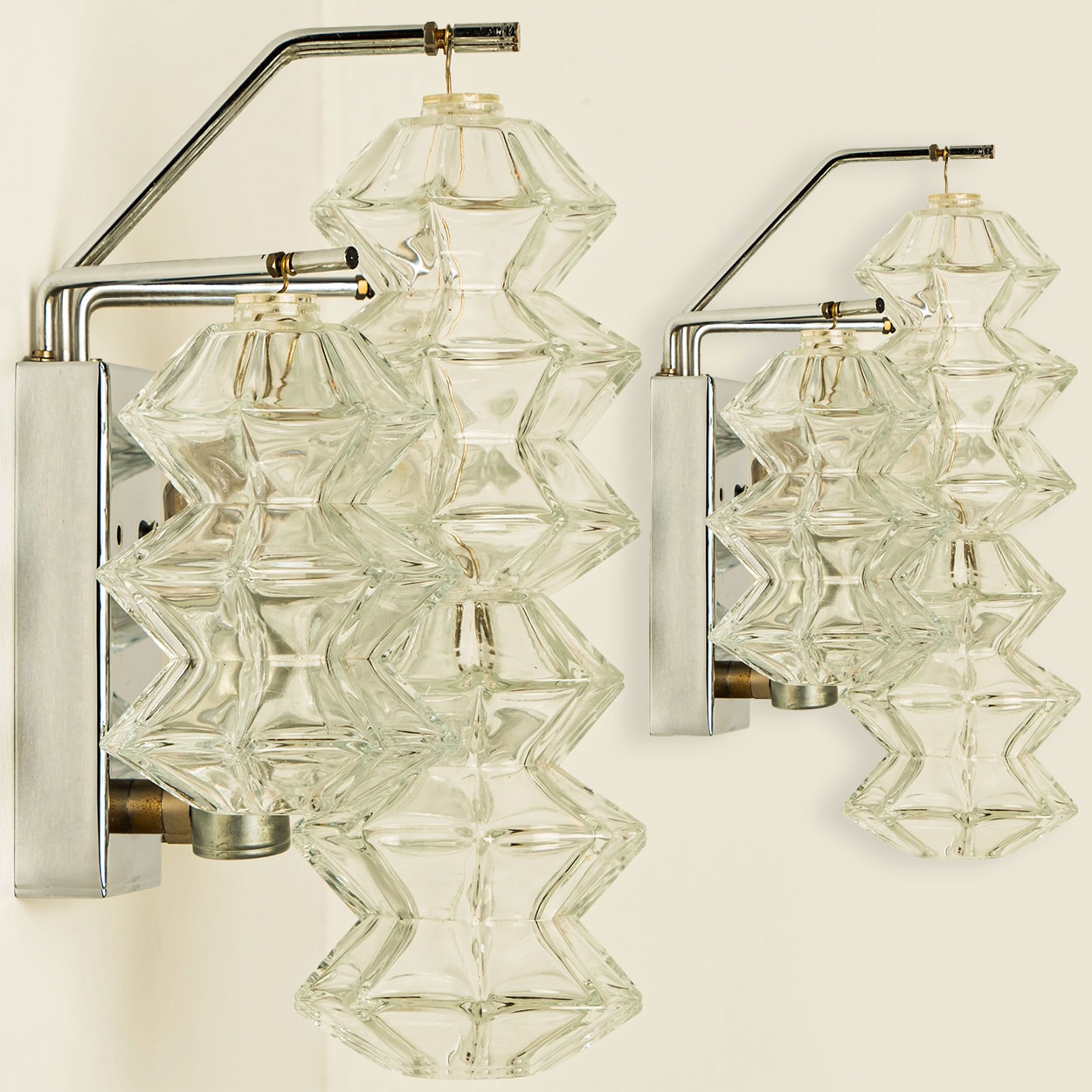 Several Pagoda Chrome and Glass Sconces Wall Lights by Kalmar, Vienna 1969
