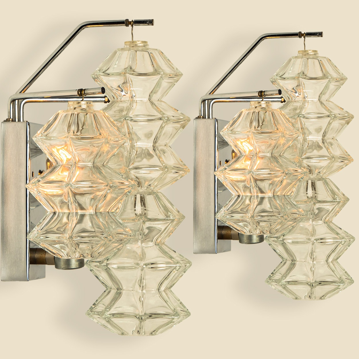Several Pagoda Chrome and Glass Sconces Wall Lights by Kalmar, Vienna 1969