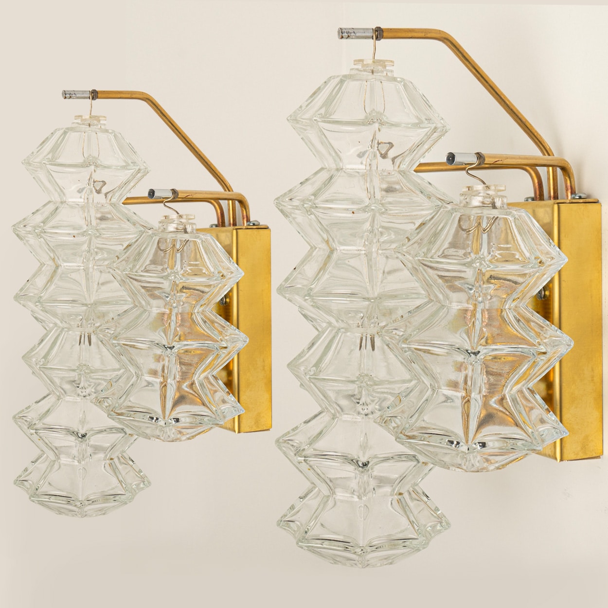 Pagoda Brass and Glass Sconce Wall Lights by Kalmar, Vienna 1969