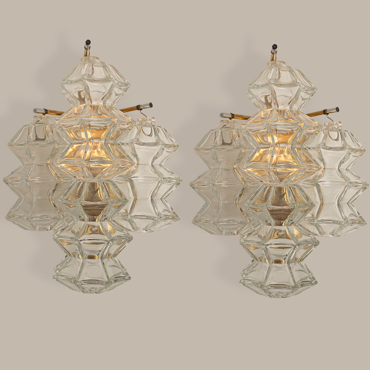 Pagoda Brass and Glass Sconce Wall Lights by Kalmar, Vienna 1969