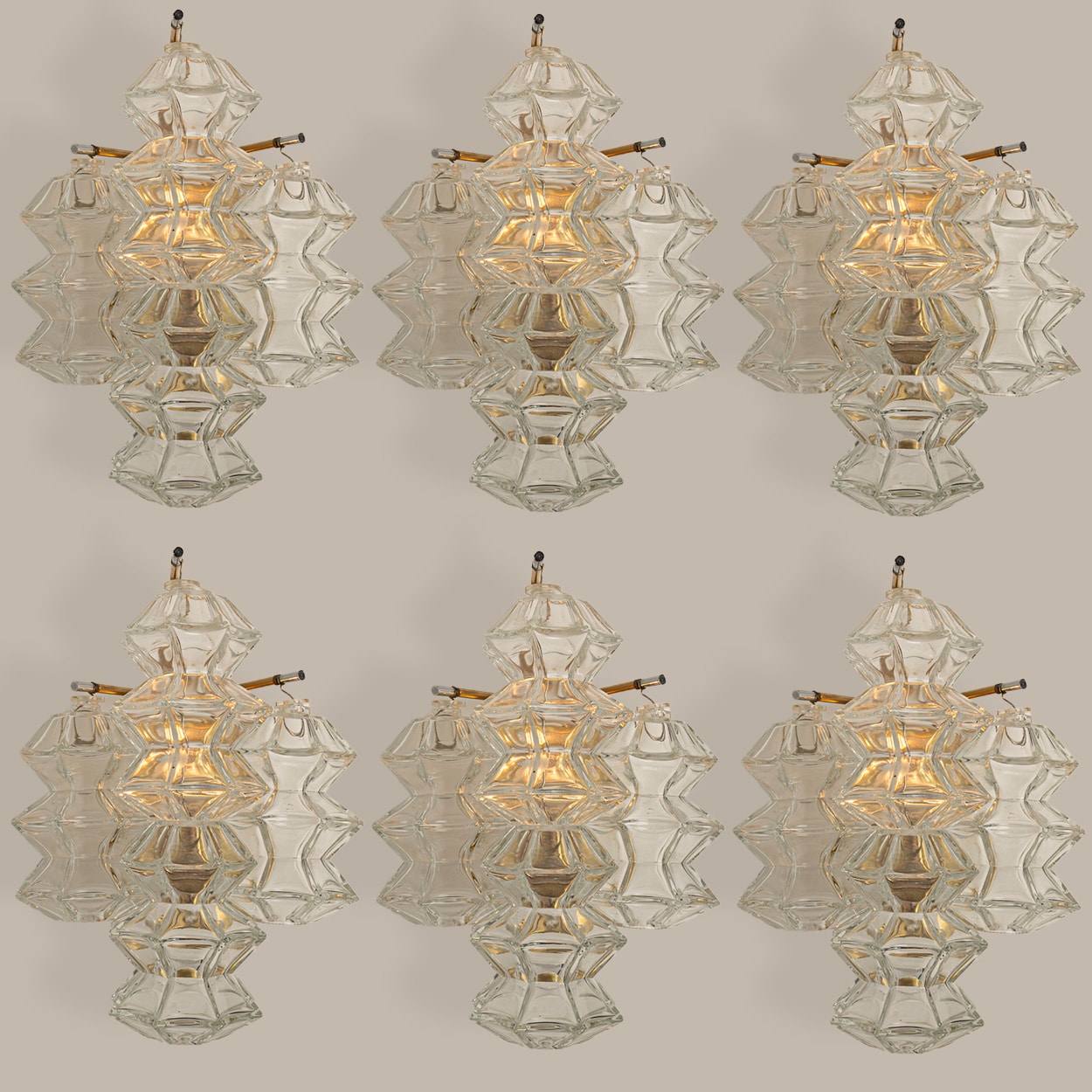 Pagoda Brass and Glass Sconce Wall Lights by Kalmar, Vienna 1969