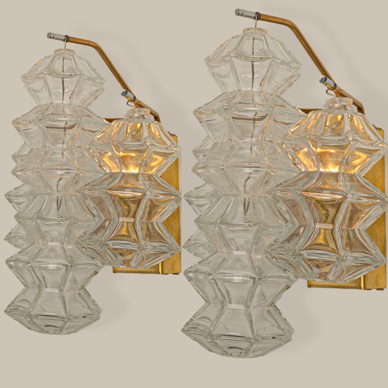 Pagoda Brass and Glass Sconce Wall Lights by Kalmar, Vienna 1969