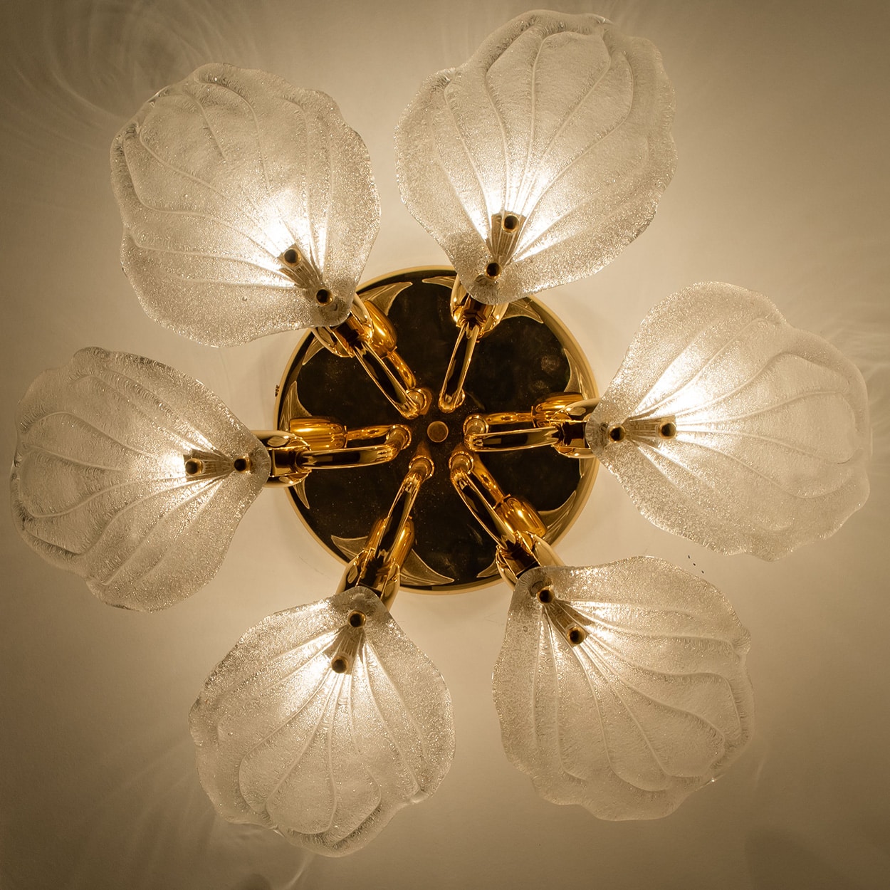 Beautiful Murano Glass and Brass six Leaves Chandelier, 1960s
