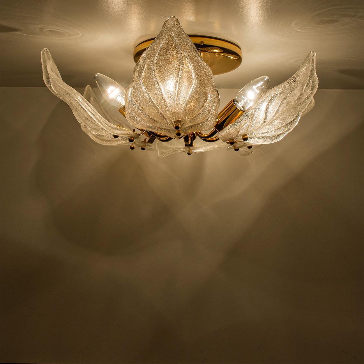 Beautiful Murano Glass and Brass six Leaves Chandelier, 1960s