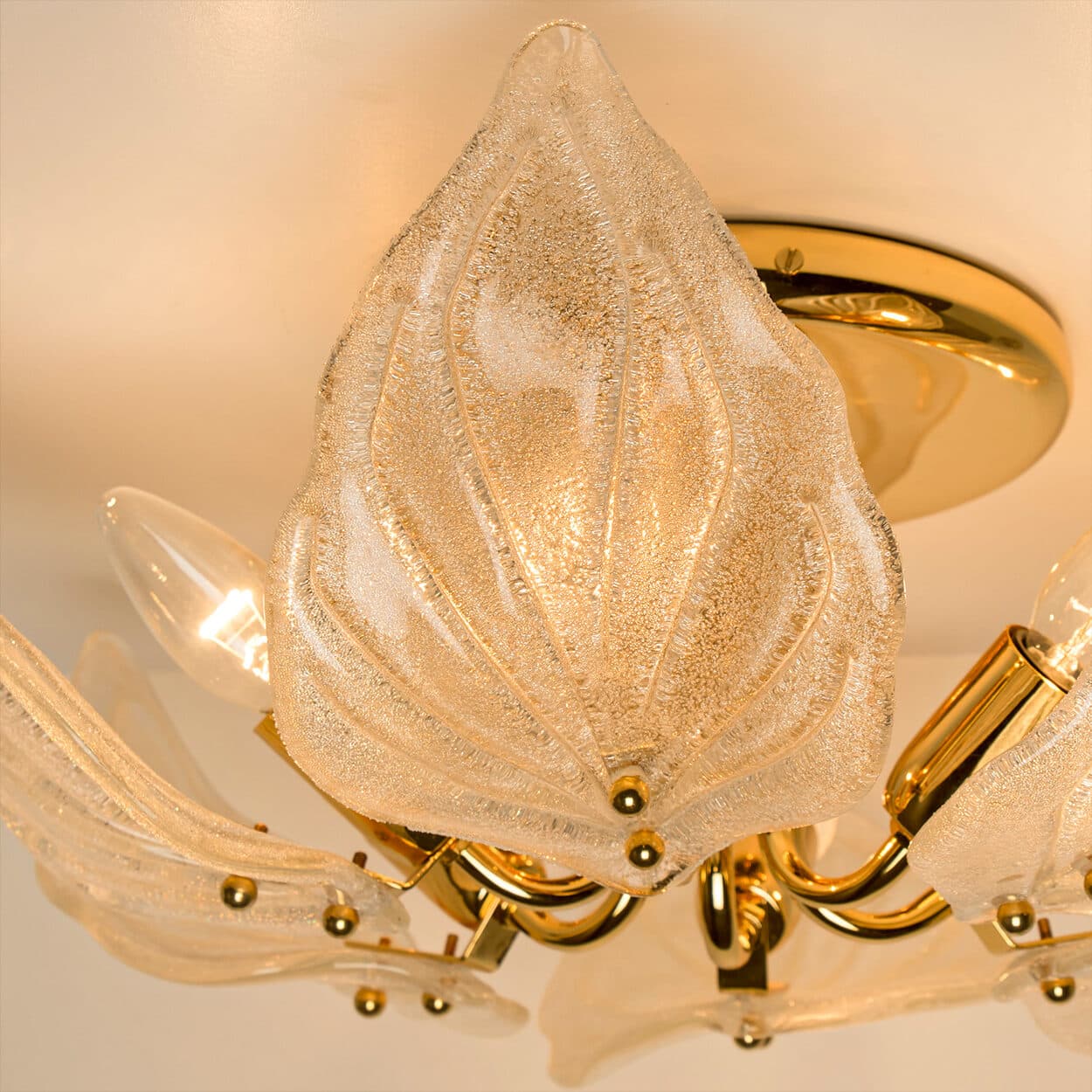 Beautiful Murano Glass and Brass six Leaves Chandelier, 1960s