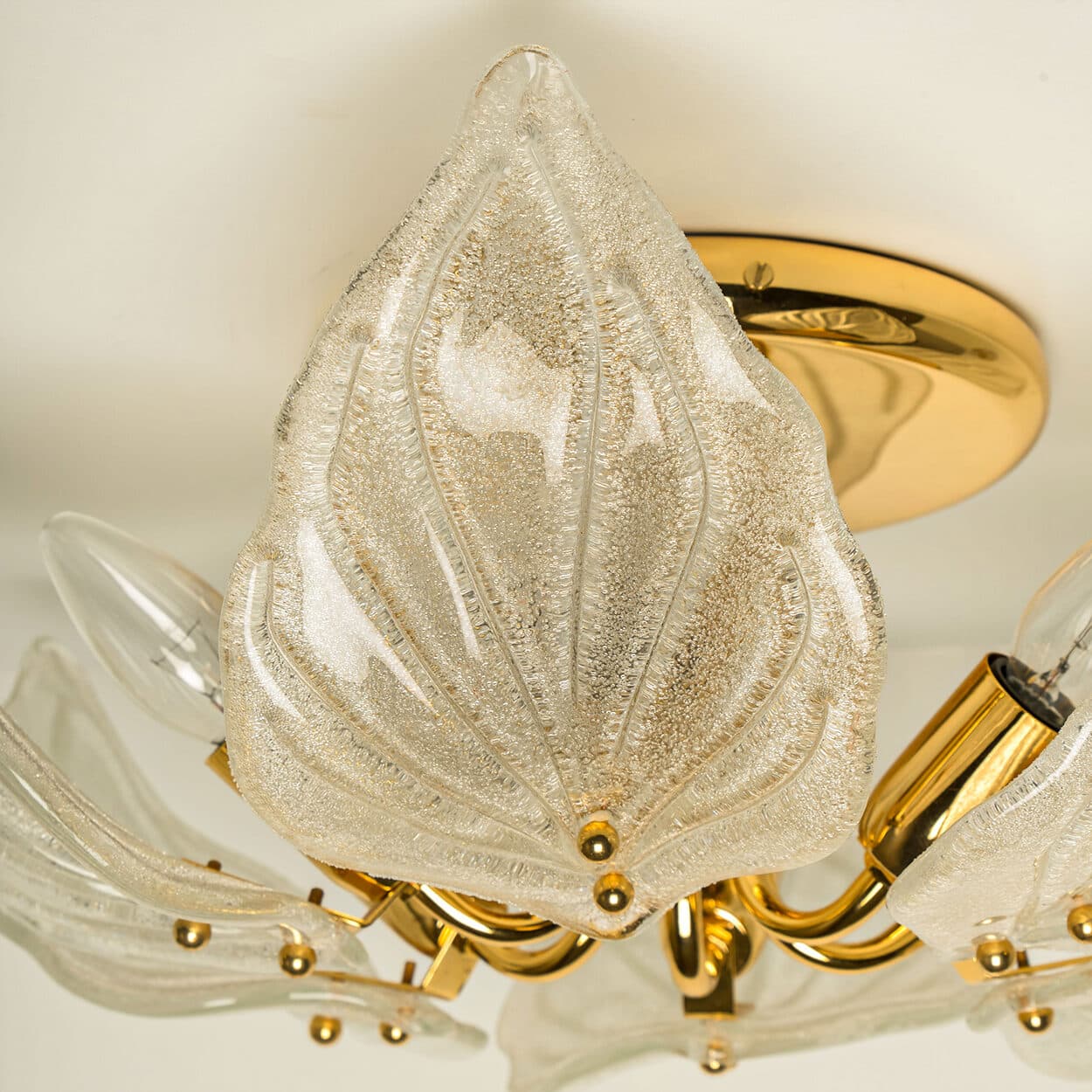 Beautiful Murano Glass and Brass six Leaves Chandelier, 1960s